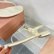 Pearl Chain Flip-Flops Apricot Color Leather