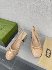 GG WOMEN'S HORSEBIT SLINGBACK IN TAN BEIGE CALFSKIN WITH RHINSTONES