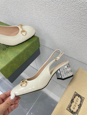 GG WOMEN'S HORSEBIT SLINGBACK IN WHITE CALFSKIN WITH RHINSTONES