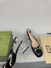 GG WOMEN'S HORSEBIT SLINGBACK IN BLACK CALFSKIN WITH RHINSTONES
