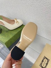 GG WOMEN'S HORSEBIT SLINGBACK 95MM IN WHITE CALFSKIN WITH RHINSTONES