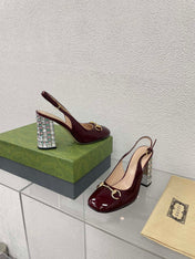 GG WOMEN'S HORSEBIT SLINGBACK 95MM IN WINE RED CALFSKIN WITH RHINSTONES