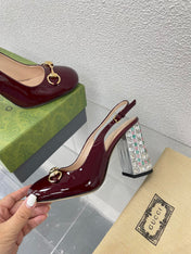 GG WOMEN'S HORSEBIT SLINGBACK 95MM IN WINE RED CALFSKIN WITH RHINSTONES