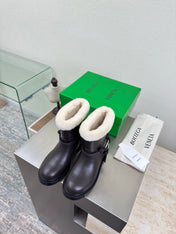 BOTTEGA VENETA 26S FUR-LINED BOOTS IN DARK BROWN CALFSKIN AND WHITE WOOL