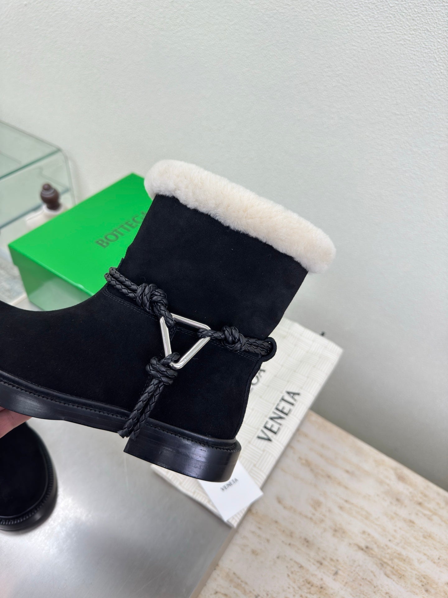BOTTEGA VENETA 26S FUR-LINED BOOTS IN BLACK SUEDE AND WHITE WOOL