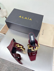 ALAIA 26S DOUBLE STRAP WEDGE SANDALS 110 MM IN DARK RED GLOSSY CALFSKIN WITH GOLD HARDWARE