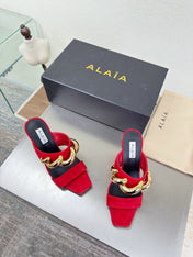 ALAIA 26S DOUBLE STRAP WEDGE SANDALS 110 MM IN RED SUEDE WITH GOLD HARDWARE