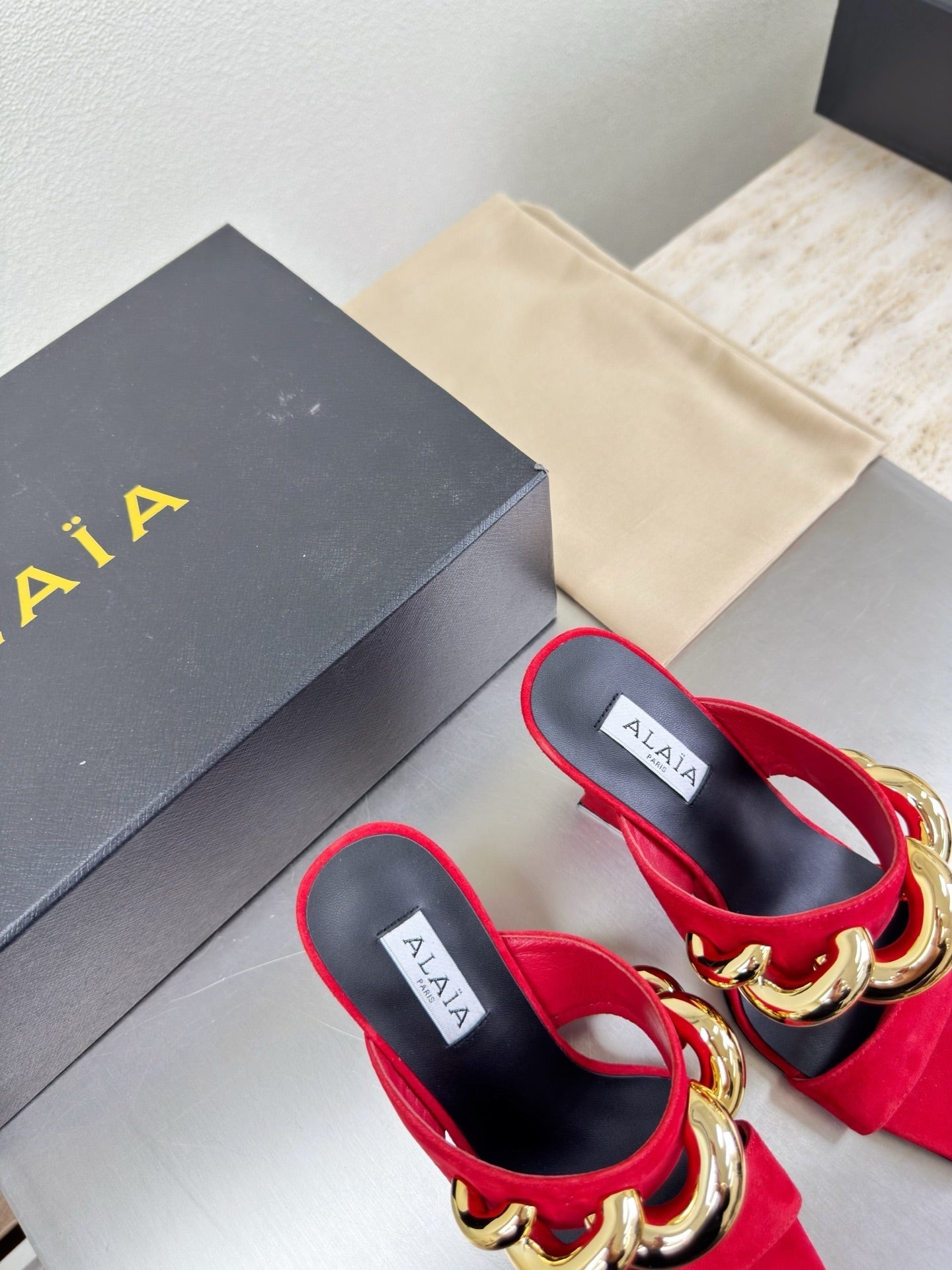 ALAIA 26S DOUBLE STRAP WEDGE SANDALS 110 MM IN RED SUEDE WITH GOLD HARDWARE
