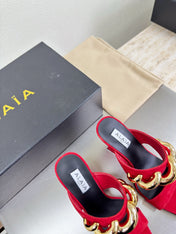 ALAIA 26S DOUBLE STRAP WEDGE SANDALS 110 MM IN RED SUEDE WITH GOLD HARDWARE