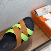 HM 26S KAZIMIR SANDAL IN CARAMEL BROWN CALFSKIN AND LIME GREEN FABRIC