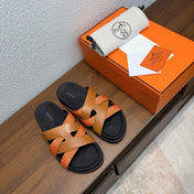 HM 26S KAZIMIR SANDAL IN CARAMEL BROWN CALFSKIN AND ORANGE FABRIC