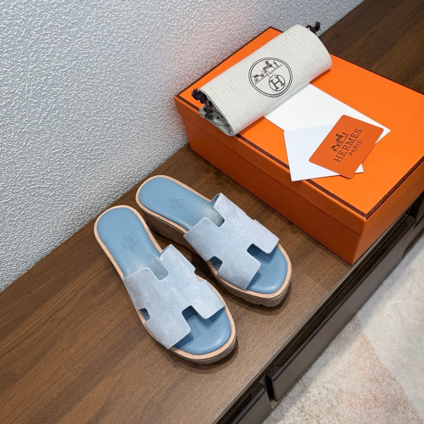 HM 26S H CUT PLATFORM SLIDES IN LIGHT BLUE SUEDE CORK SOLE