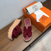 HM 26S H CUT PLATFORM SLIDES IN BURGUNDY RED SUEDE CORK SOLE