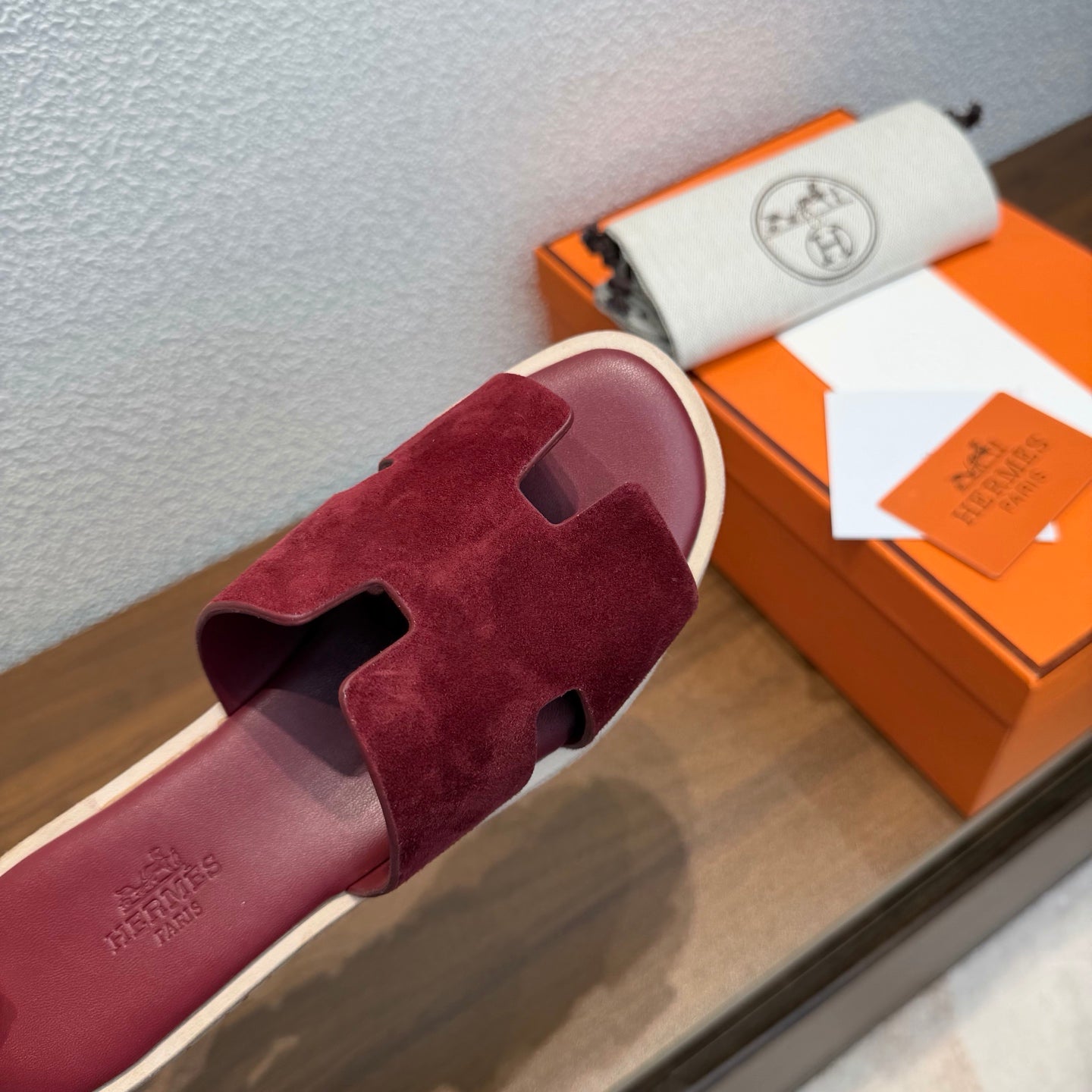 HM 26S H CUT PLATFORM SLIDES IN BURGUNDY RED SUEDE CORK SOLE