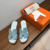 HM 26S H CUT PLATFORM SLIDES IN DUSTY BLUE SUEDE CORK SOLE