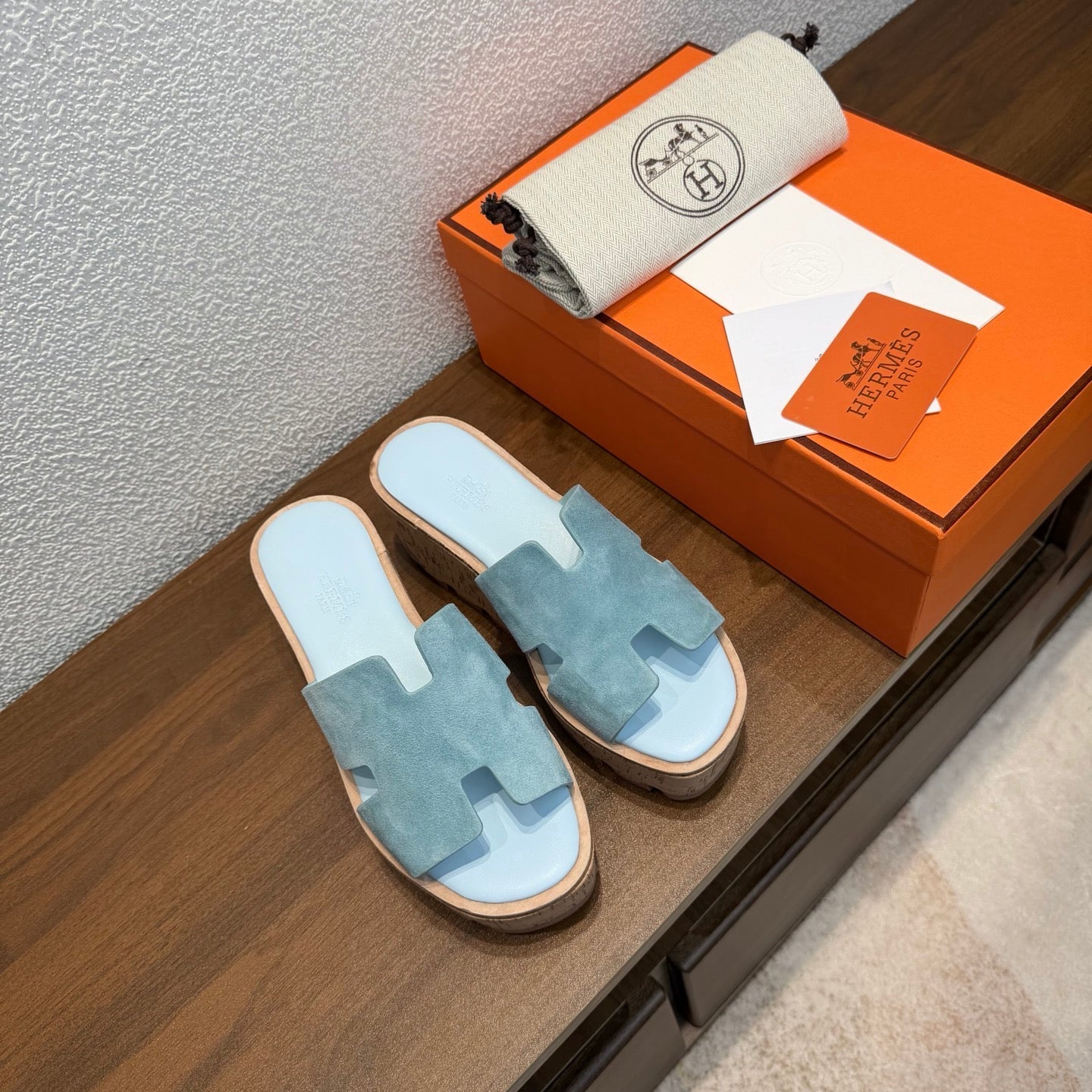 HM 26S H CUT PLATFORM SLIDES IN DUSTY BLUE SUEDE CORK SOLE