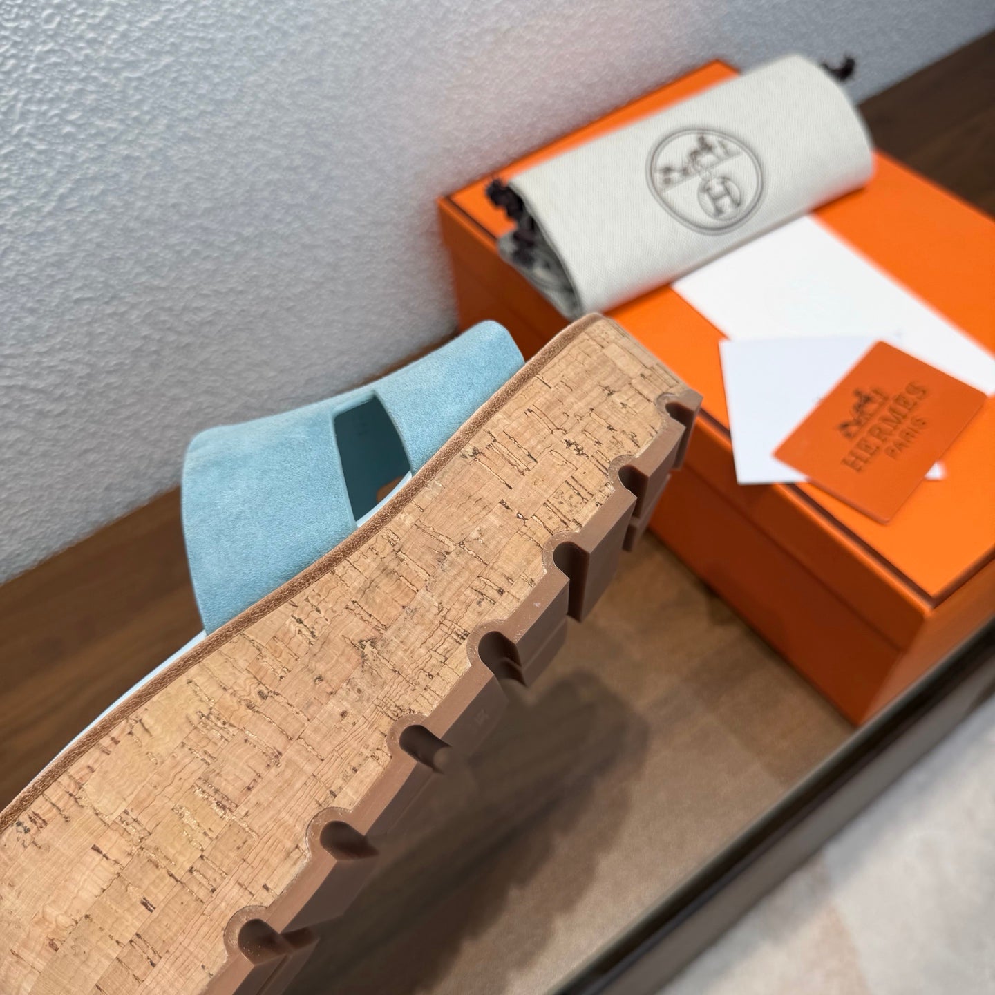 HM 26S H CUT PLATFORM SLIDES IN DUSTY BLUE SUEDE CORK SOLE