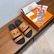HM 26S KELLY BUCKLE DOUBLE STRAP SANDALS IN CARAMEL BROWN CALFSKIN