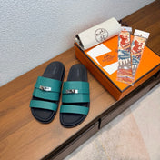 HM 26S KELLY BUCKLE DOUBLE STRAP SANDALS IN TEAL GREEN CALFSKIN