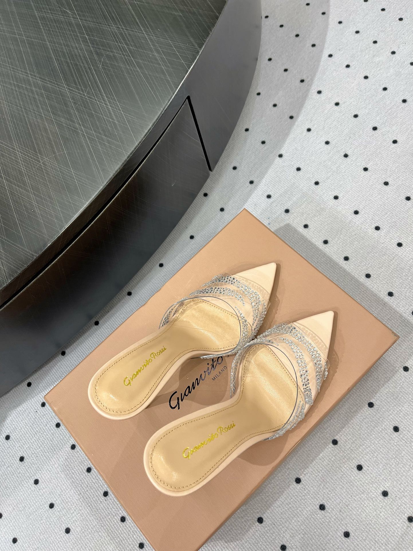 GIANVITO ROSSI 26S HIGH-HEEL SANDALS 110 MM IN BEIGE RHINESTONE PVC