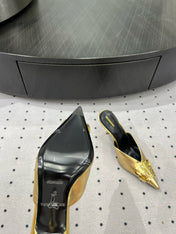 POINTED BB GOLD BUCKLE HEELED SLINGBACK IN GOLD METALLIC SHINY CALFSKIN
