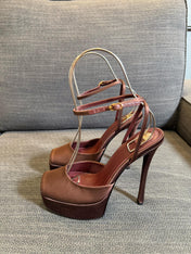 YSL 26S PLATFORM SANDALS 150 MM IN BROWN SATIN