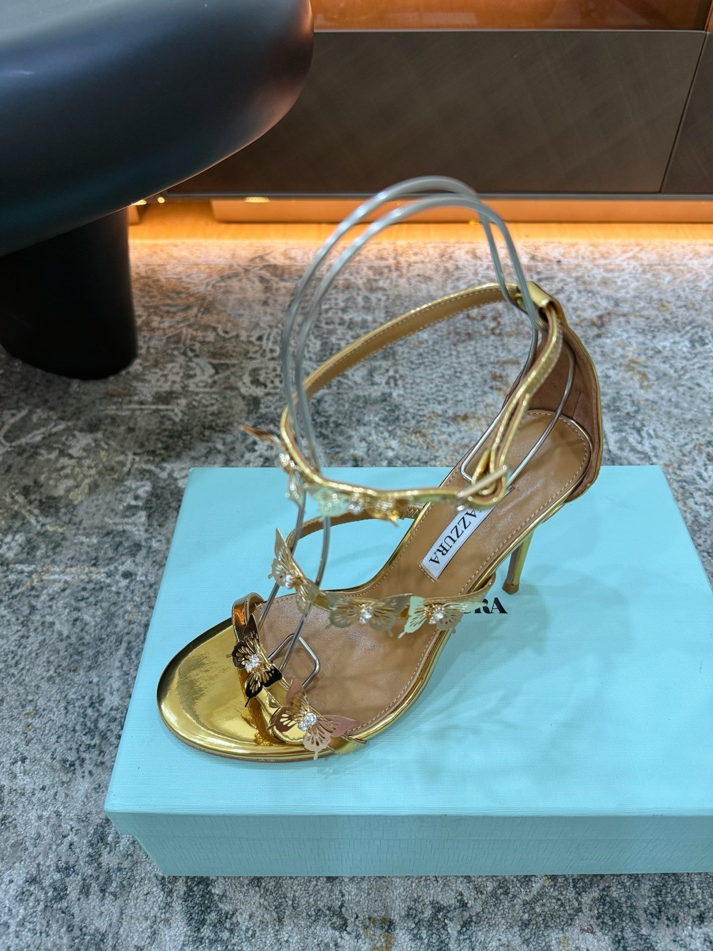 AQUAZZURA 26S BUTTERFLY SANDALS 95 MM IN GOLD CALFSKIN