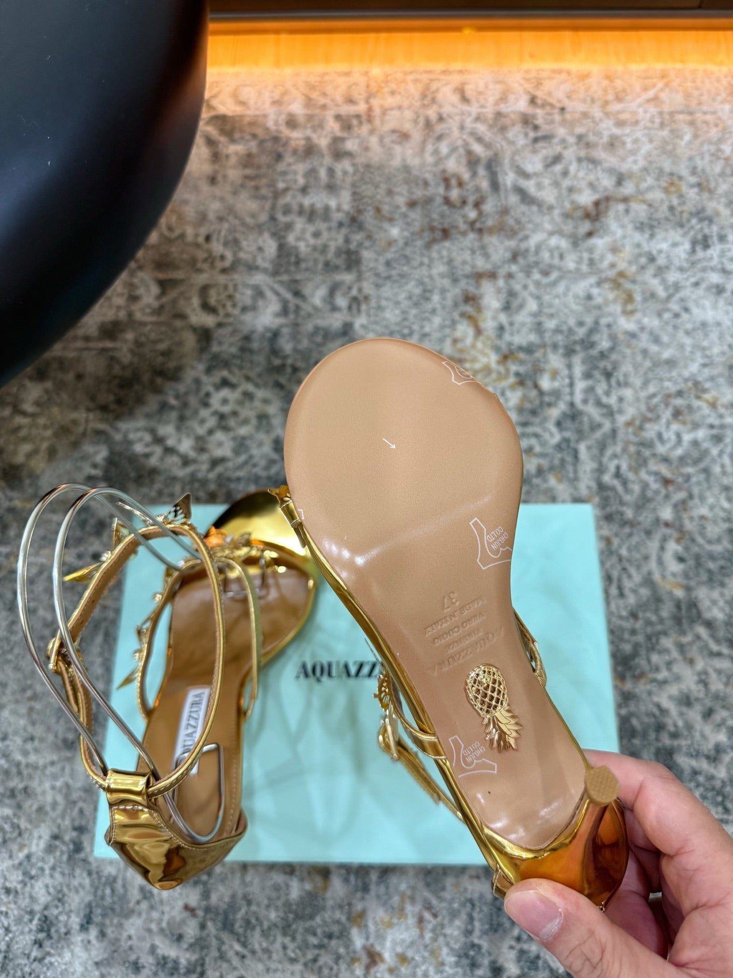 AQUAZZURA 26S BUTTERFLY SANDALS 95 MM IN GOLD CALFSKIN