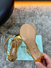 AQUAZZURA 26S BUTTERFLY SANDALS 95 MM IN GOLD CALFSKIN
