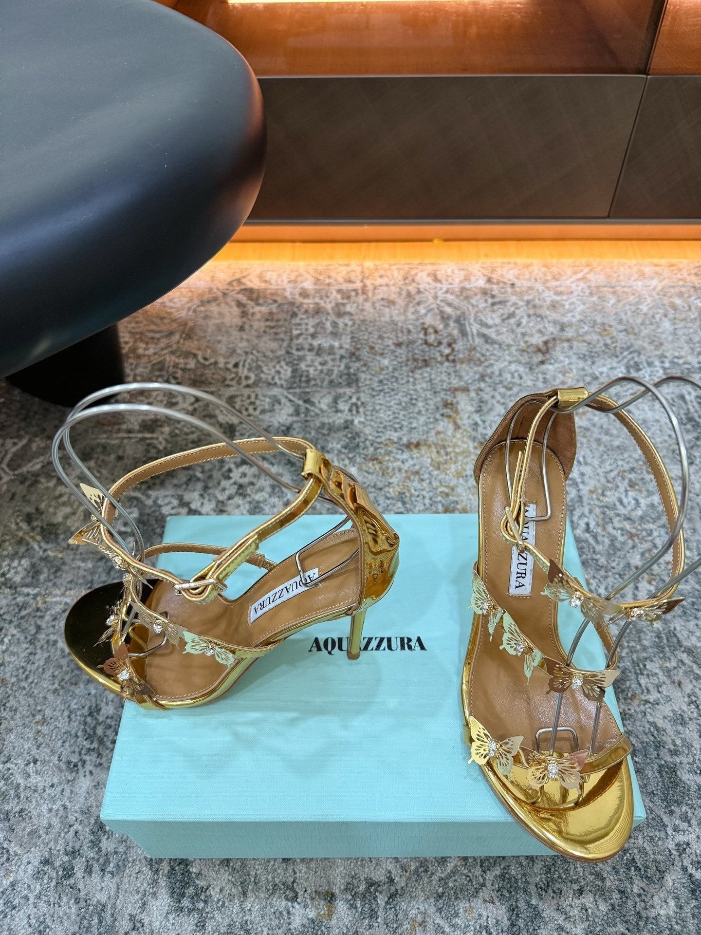 AQUAZZURA 26S BUTTERFLY SANDALS 95 MM IN GOLD CALFSKIN