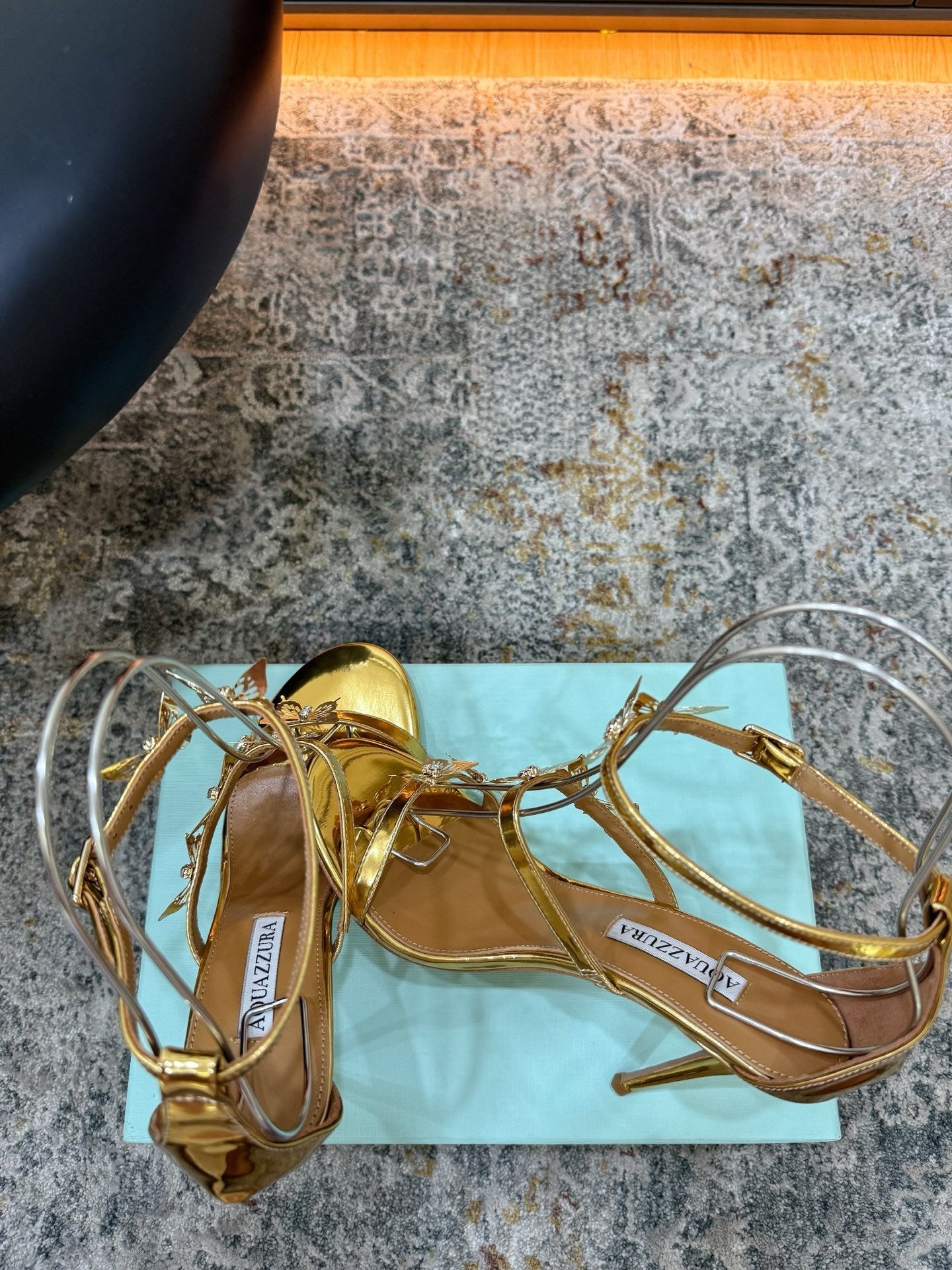 AQUAZZURA 26S BUTTERFLY SANDALS 95 MM IN GOLD CALFSKIN