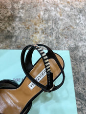 AQUAZZURA 26S PEEP-TOE SANDALS 100 MM IN BLACK MESH AND SATIN