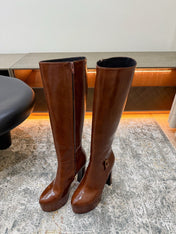 YSL 26S KNEE HIGH BOOTS 130 MM IN BROWN CALFSKIN