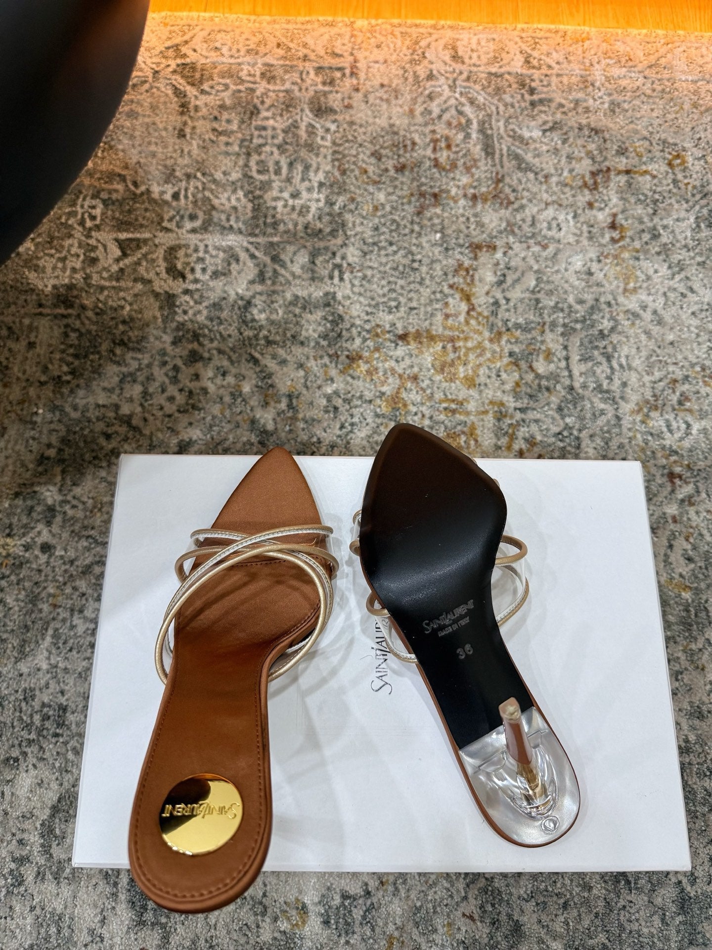 YSL 26S CROSS STRAP HIGH HEEL SANDALS 110 MM IN CAMEL BROWN CALFSKIN PATENT