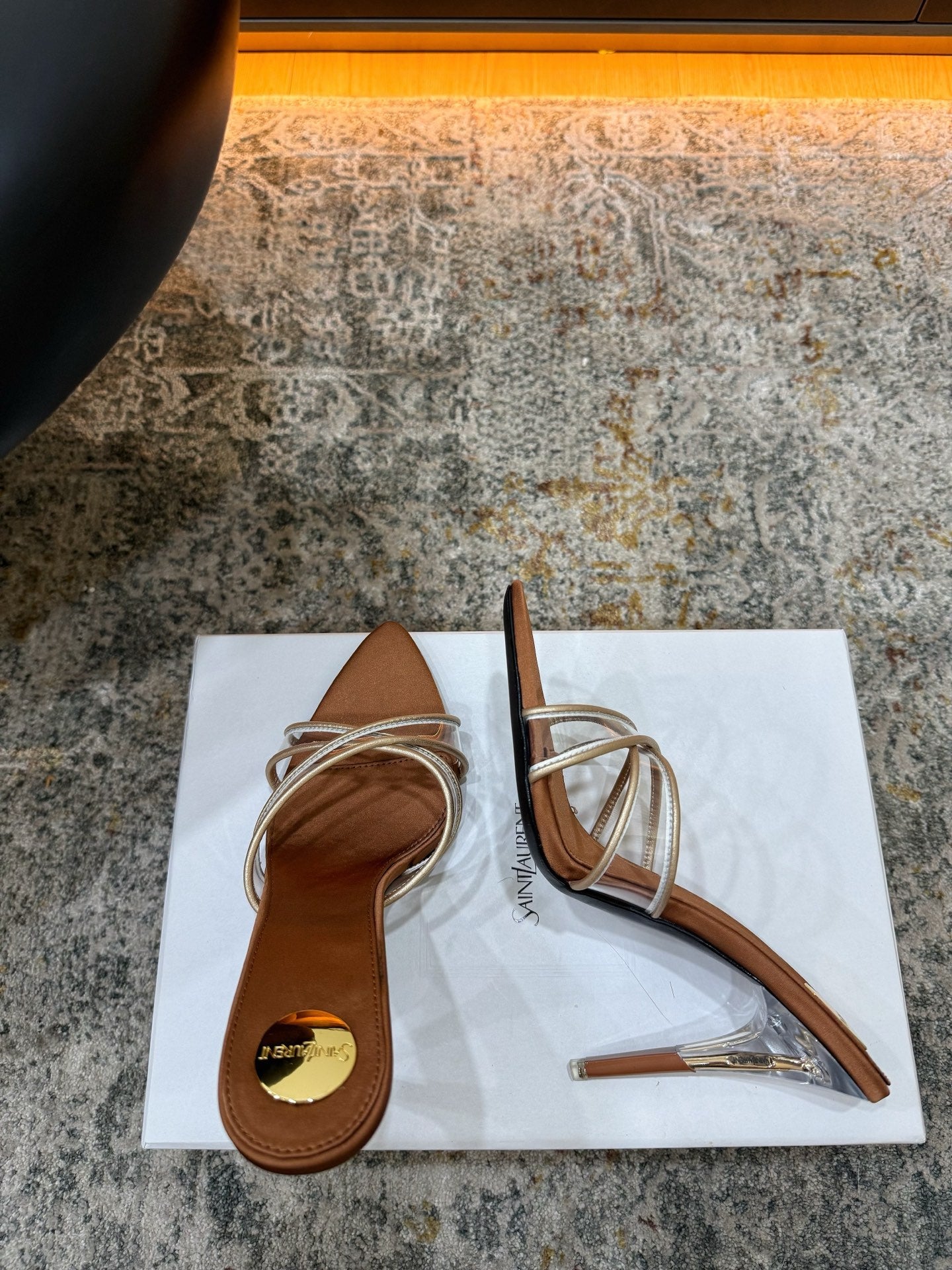 YSL 26S CROSS STRAP HIGH HEEL SANDALS 110 MM IN CAMEL BROWN CALFSKIN PATENT