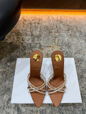 YSL 26S CROSS STRAP HIGH HEEL SANDALS 110 MM IN CAMEL BROWN CALFSKIN PATENT