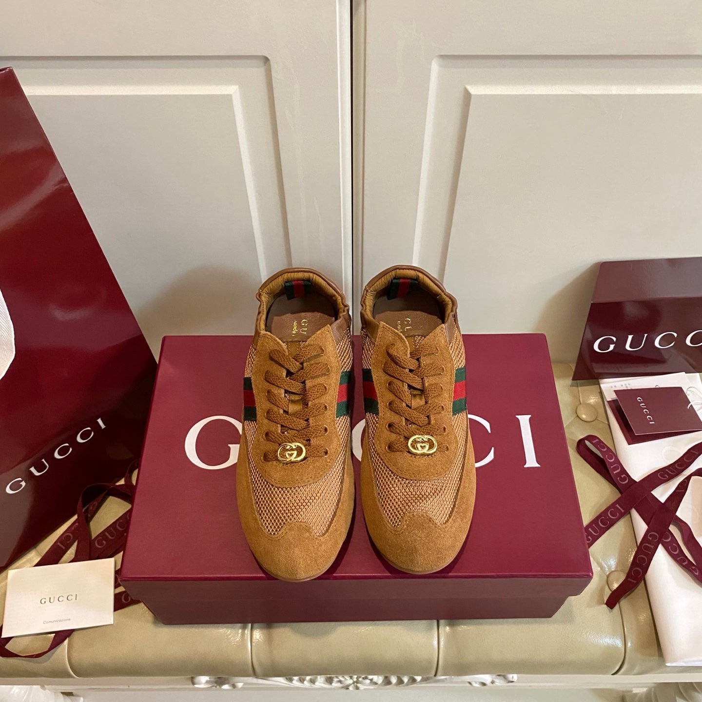 GUCCI 26S SNEAKER IN BROWN SUEDE AND MESH FABRIC