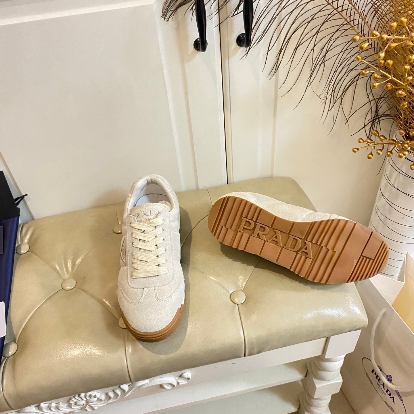 PRADA 26S LACE UP SNEAKERS IN BEIGE SUEDE