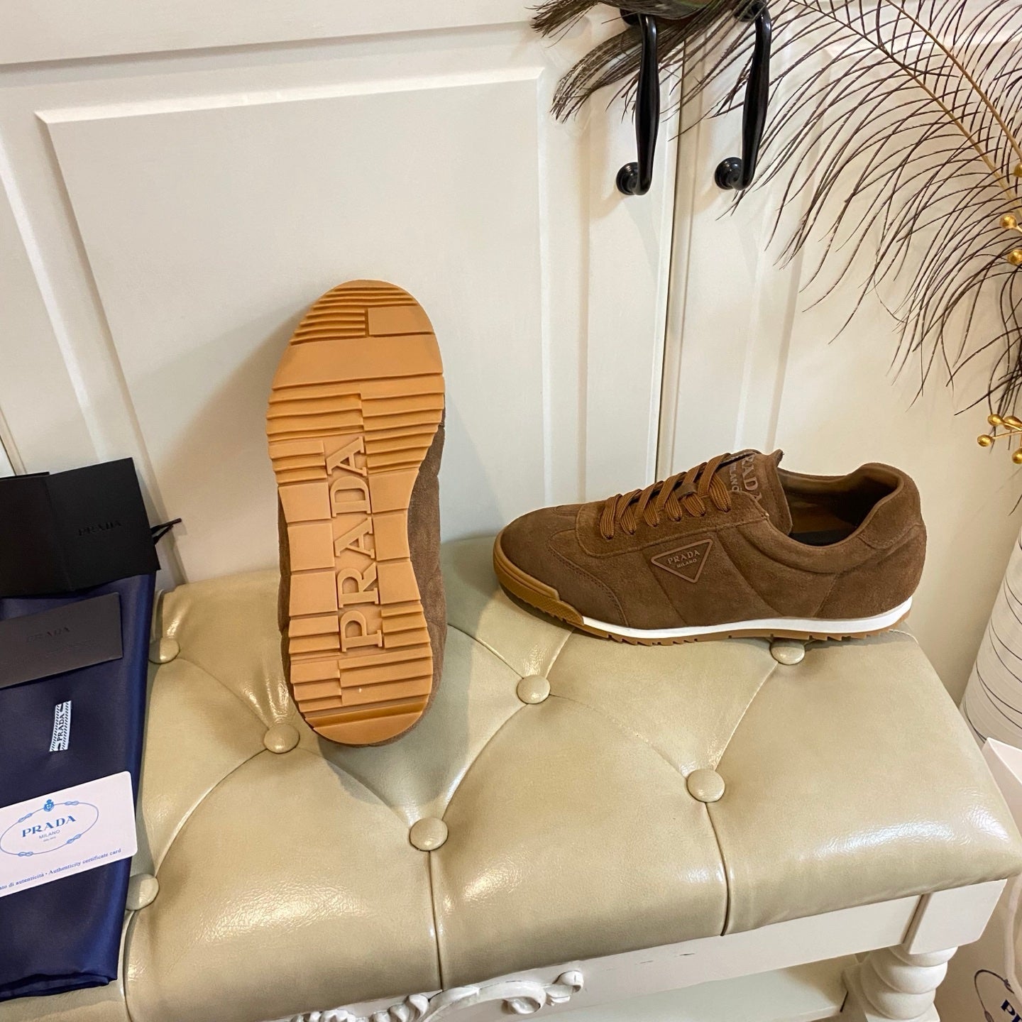 PRADA 26S LACE UP SNEAKERS IN CARAMEL BROWN SUEDE