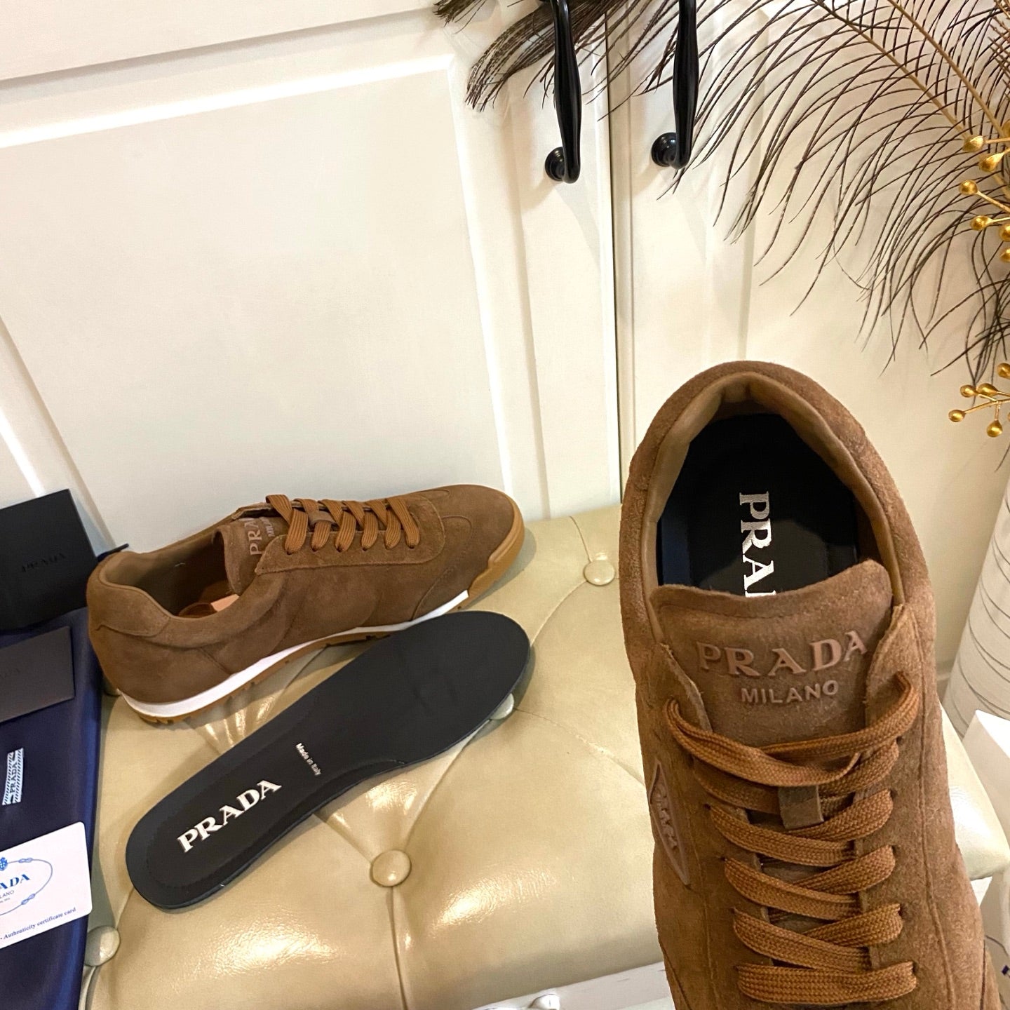 PRADA 26S LACE UP SNEAKERS IN CARAMEL BROWN SUEDE