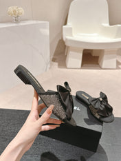 BOW LADY SLIPPERS BLACK LAMBSKIN WITH RHINESTONES