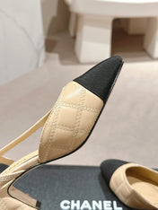 HIGH SLINGBACKS IN BEIGE CREAM LAMBSKIN AND BLACK SATIN