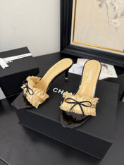 SAND YELLOW GROSGRAIN CANVAS BOW MULE SANDALS 90 MM