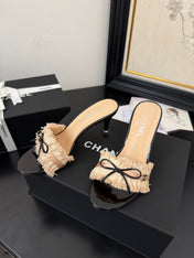 PEACH PINK GROSGRAIN CANVAS BOW MULE SANDALS 90 MM