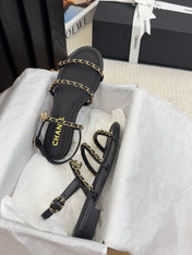 THREE-STRAPS SANDALS IN BLACK CALFSKIN WITH GOLD HARDWARE