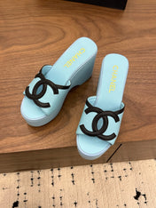 CHANEL 26S WEDGE SANDALS 95 MM IN PASTEL BLUE CALFSKIN