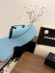 CHANEL 26S WEDGE SANDALS 95 MM IN PASTEL BLUE CALFSKIN