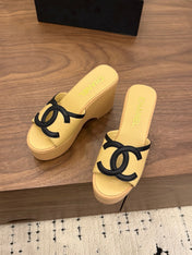 CHANEL 26S WEDGE SANDALS 95 MM IN PASTEL YELLOW CALFSKIN