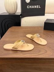 CHANEL 26S THONG SANDALS IN BEIGE CALFSKIN WITH RHINESTONE CC LOGO