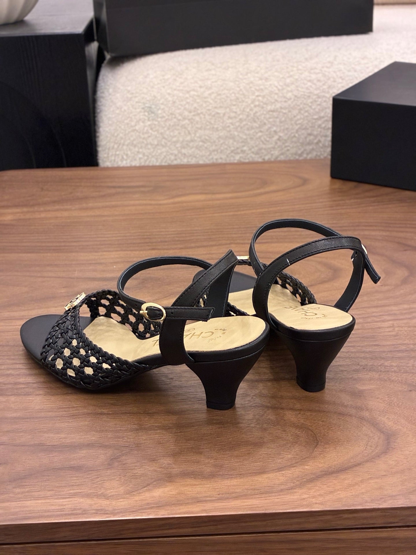 CHANEL 26S HIGH-HEELED BACK-STRAP SANDALS 60 MM IN BLACK WOVEN LAMBSKIN